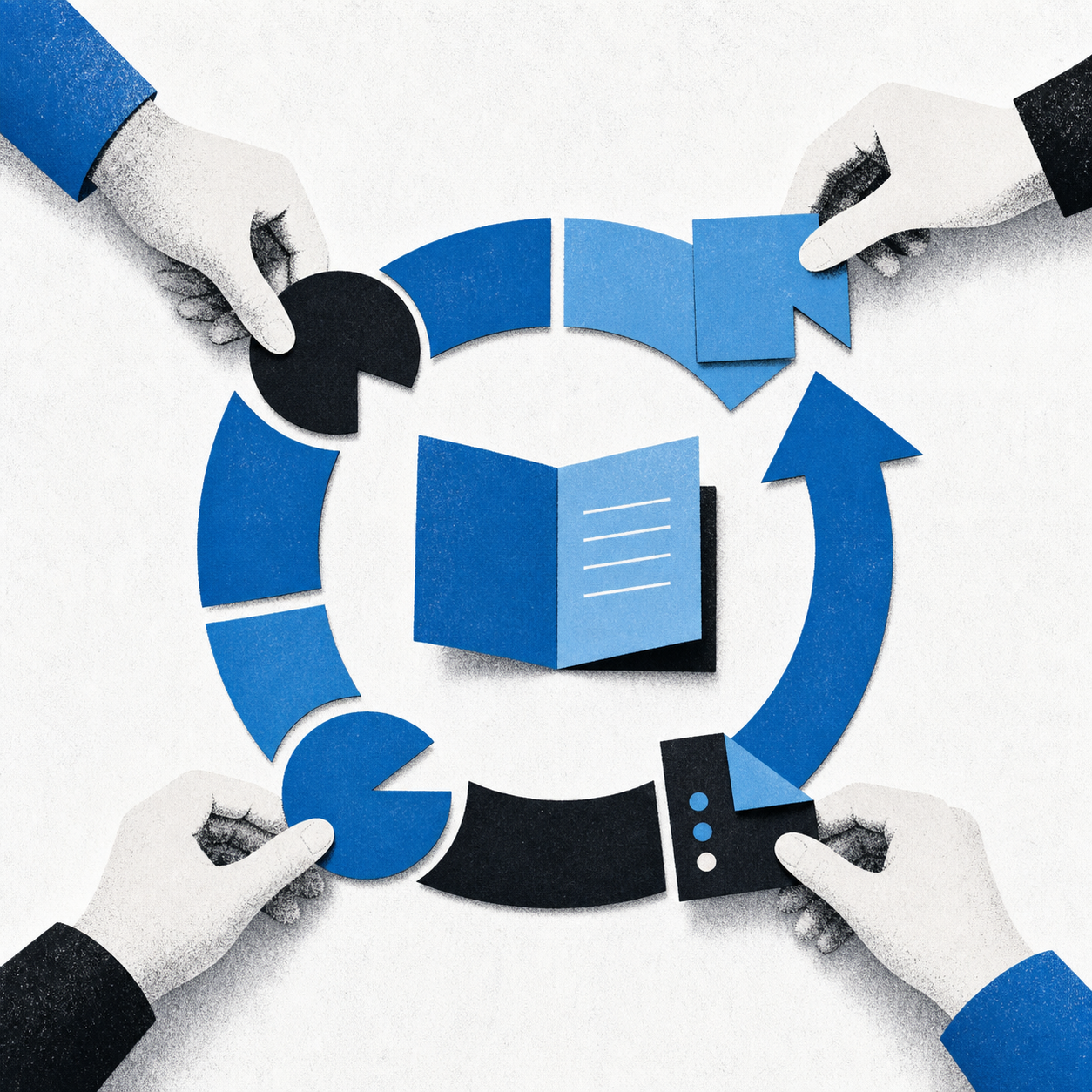Editorial illustration of hands arranging a learning, practice, and review loop