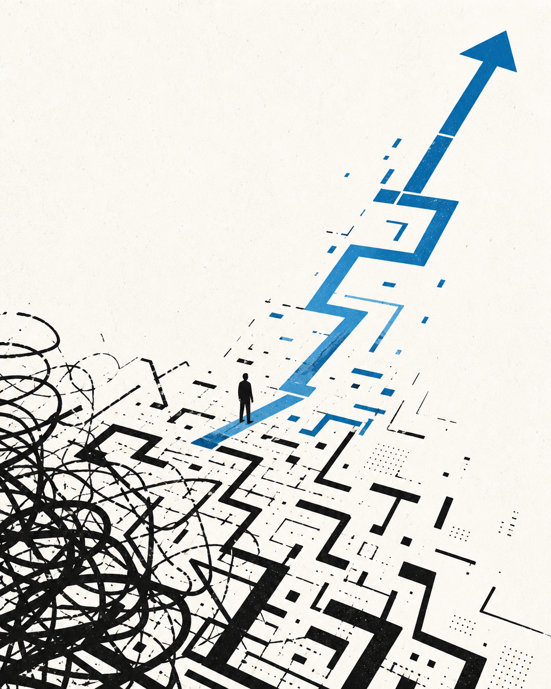 Editorial illustration of a path moving from noise into one clear direction